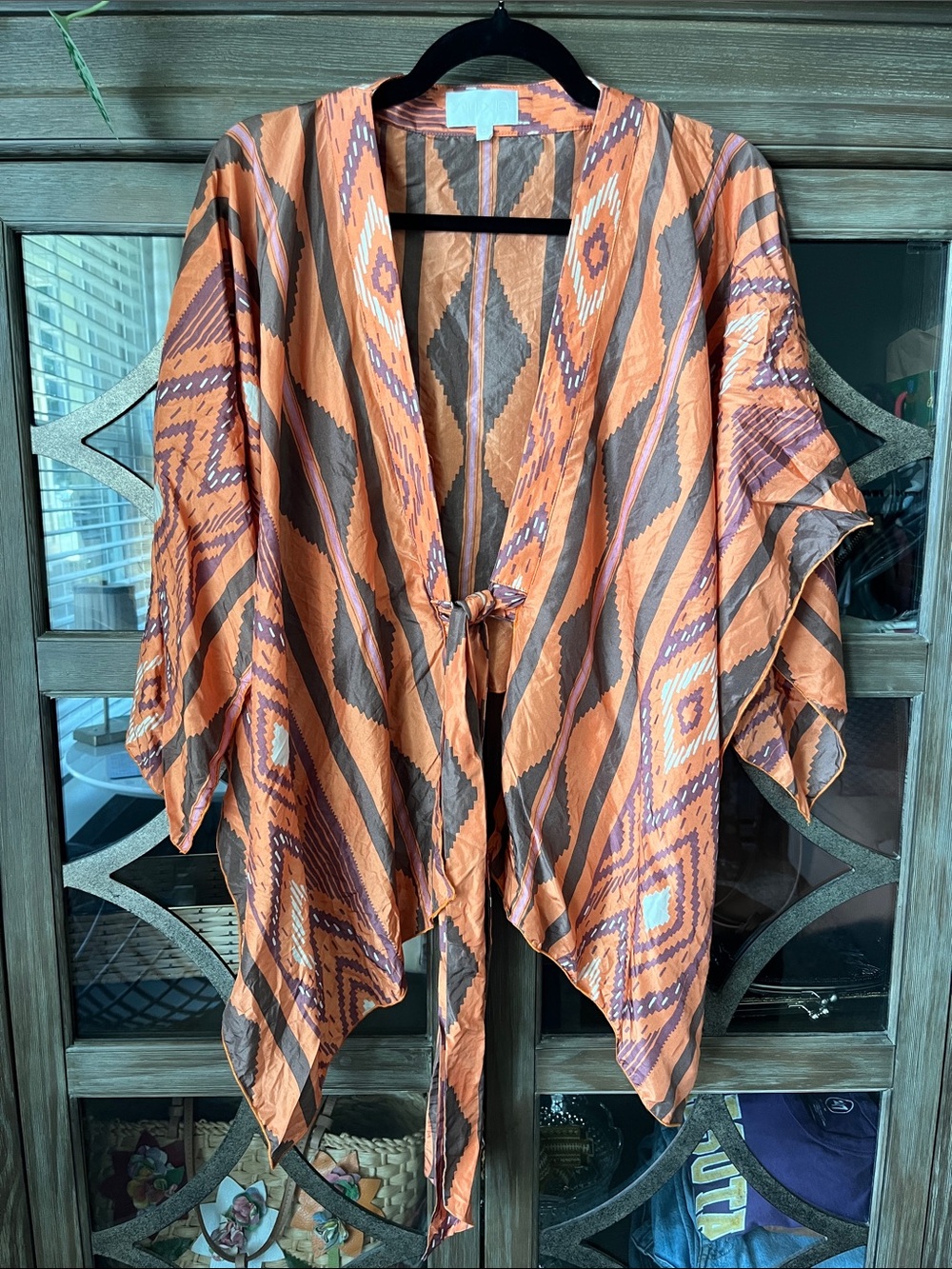 Women's Orange Geometric Tie-Front Kimono Blouse